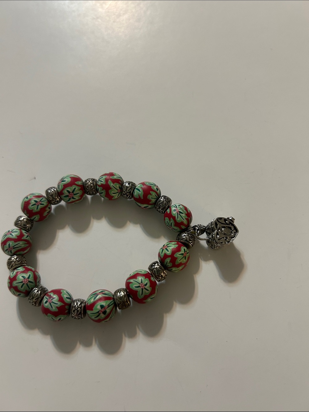 Floral Red & Green Bead Stretch Bracelet with Silver Accents